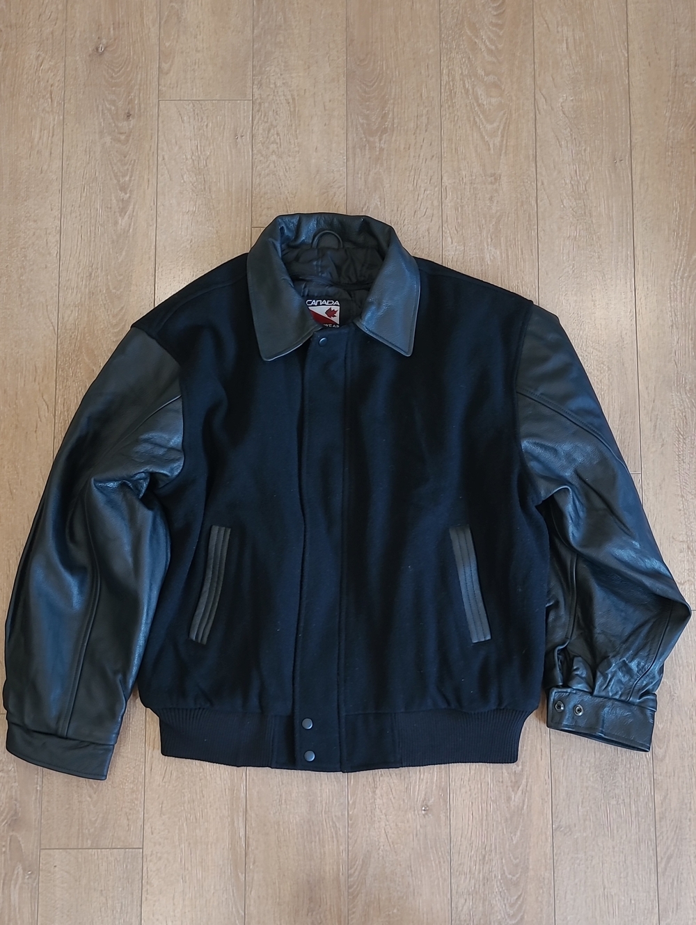 Y2K Wolverton Transport & Logistics Inc. Bomber Jacket Black Wool Leather Sleeve